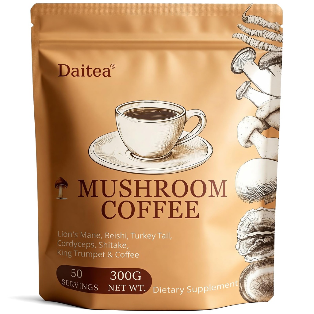 Mushroom Coffee, 10.58 Ounce Adaptogenic Mushrooms Instant Coffee Powder - Lion’s Mane, Reishi, Turkey Tail, Cordyceps, King Trumpet & Shitake for Energy, Focus, Digestion & Immune Support, 50 Servings