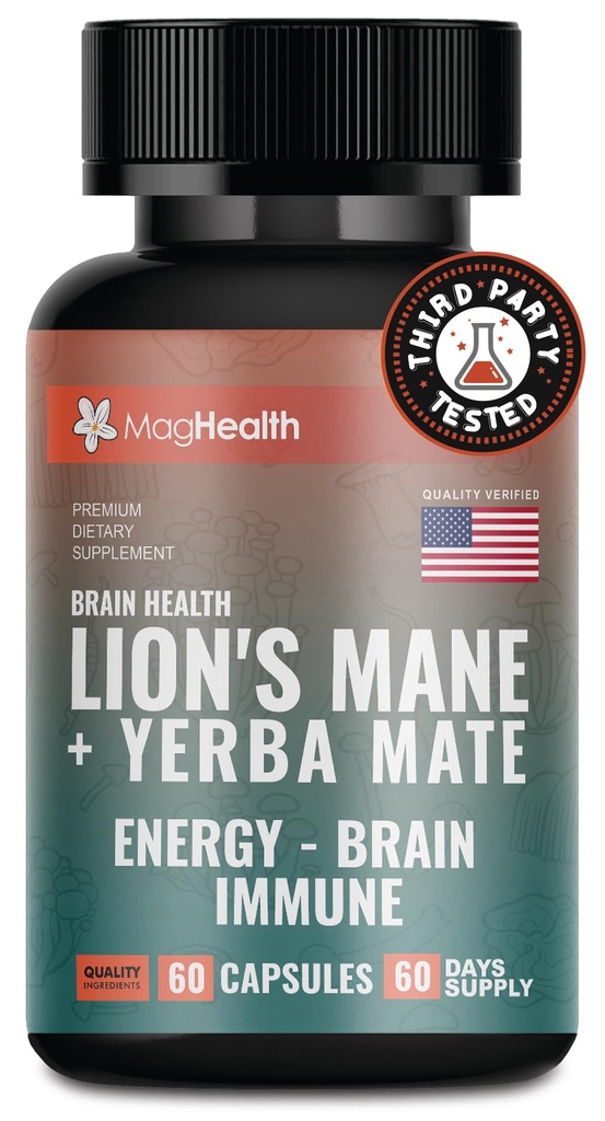 Lion's Mane & Yerba Mate Capsules 4-in-1 Nootropic Supplement | Organic Lion’s Mane Mushroom for Focus, Clean Energy (75mg Caffeine) + Ashwagandha & Black Pepper | 60 Day Supply