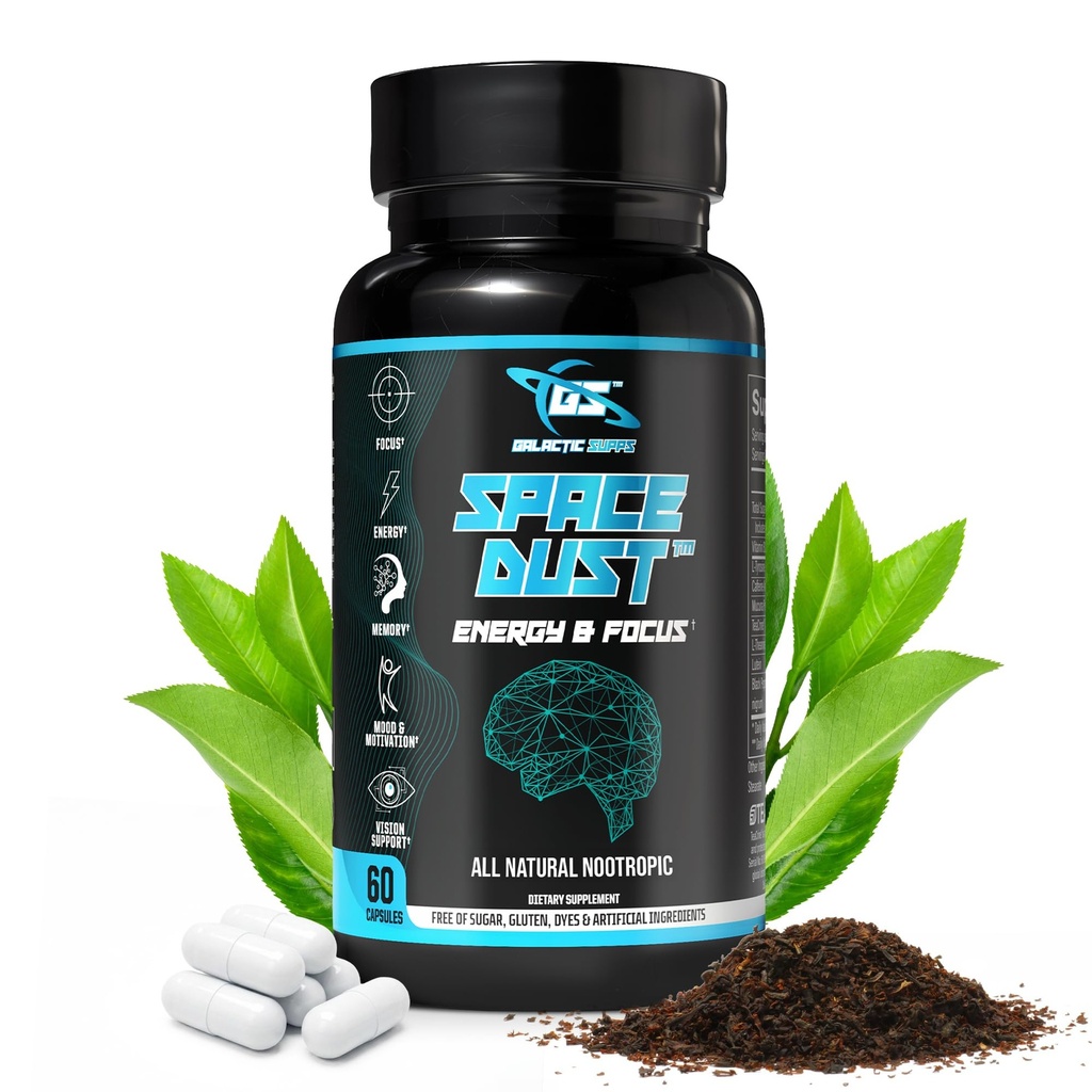 Space Dust Nootropic Brain Supplement for Memory and Focus - TeaCrine, Caffeine, L-Tyrosine & L-Theanine - Cognitive Support Capsules - 60 Count