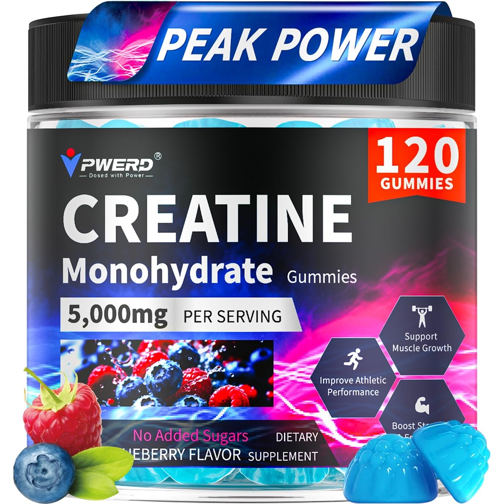 Creatine Monohydrate Gummies 5g – Creatine Gummies for Men | Pre Workout Gummies for Muscle Growth & Strength Support | with L-Taurine & B12 ，120 Count Blueberry