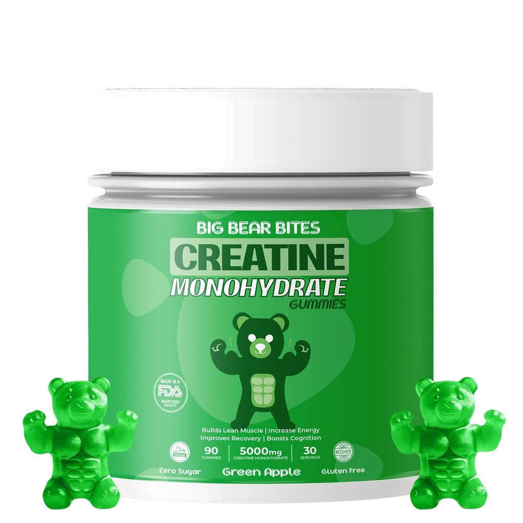 Creatine Monohydrate Gummies for Men & Women | 5000mg of Creatine Gummies per Serving | Sugar, Gluten Free & Halal | Pack of 90 for Pre Workout & Muscle Recovery | Green Apple Flavor