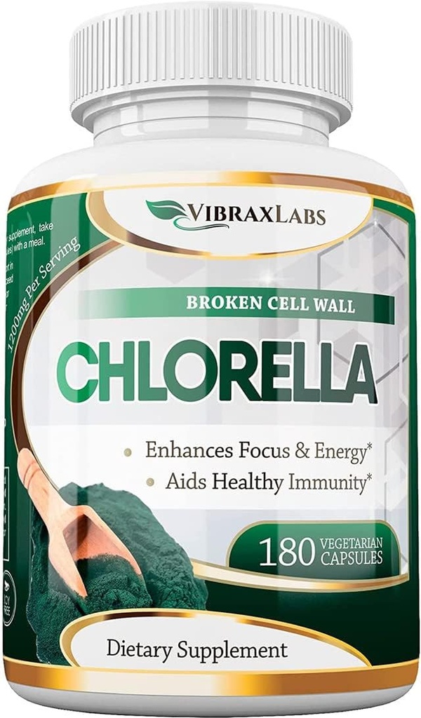 VibraxLabs Chlorella Capsules – Broken Cell Wall 600 mg Veggie Pills (1200 mg de portion) - Supplément en poudre de protéines pour la désintoxication naturelle, le meilleur avec Spiruline, sans arrière-goût, Fabriqué aux États-Unis