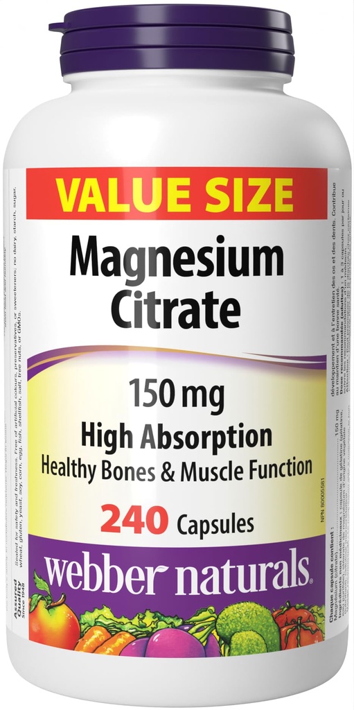 Webber Naturals Magnesium Citrate 150 mg, 240 Capsules, High Absorption Mineral, Supports Bone and Muscle Functions, Gluten Free, Non-GMO
