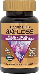 NaturesPlus AgeLoss REJUVABOLIC - 90 comprimés bi-layered - Complexe anti-âge resvératrol - Végétarien, sans gluten - 30 portions