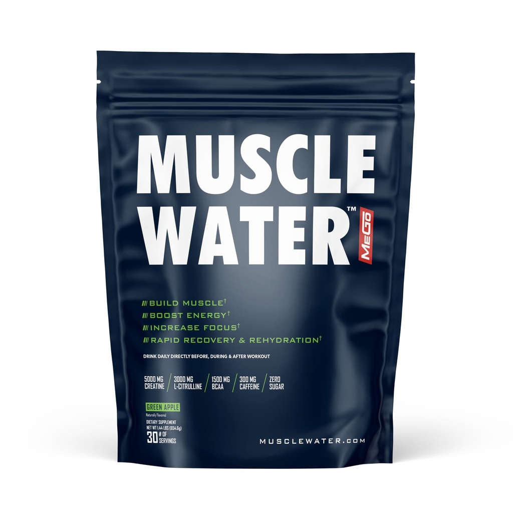 Muscle Water Pre Workout Powder | Muscle + Pump + Energy | 20+ Supplements, 0 Tubs | 5g Creatine + 300mg Caffeine | Sugar-Free | Green Apple | 30 Servings