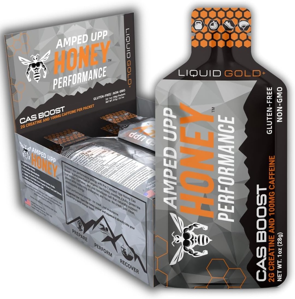 Amped Upp Honey PRE7-CAS Boost. for Strength. Energy. Hydration. Mental Focus. Prepare. Perform. Recover. Organic • Non-GMO • Made in The USA (Box of 12 Single-Serve Packets)