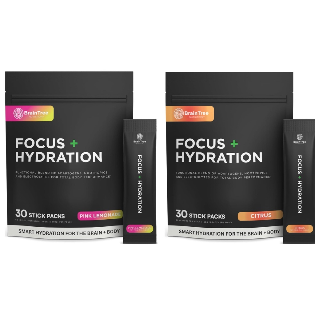 BrainTree Nutrition - Focus + Hydration - Electrolyte Drink Mix - Total Body Hydration - Supports Cognitive Function, Energy & Muscle Recovery - Sugar Free - Pink Lemonade & Citrus - 30 Stick Packs