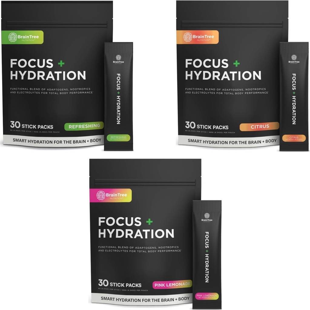 BrainTree Nutrition - Focus + Hydration - Electrolyte Drink Mix - Total Body Hydration - Supports Cognitive Function, Energy & Muscle Recovery - Sugar Free - Refreshing/Citrus/Pink Lemonade - 30 Stick