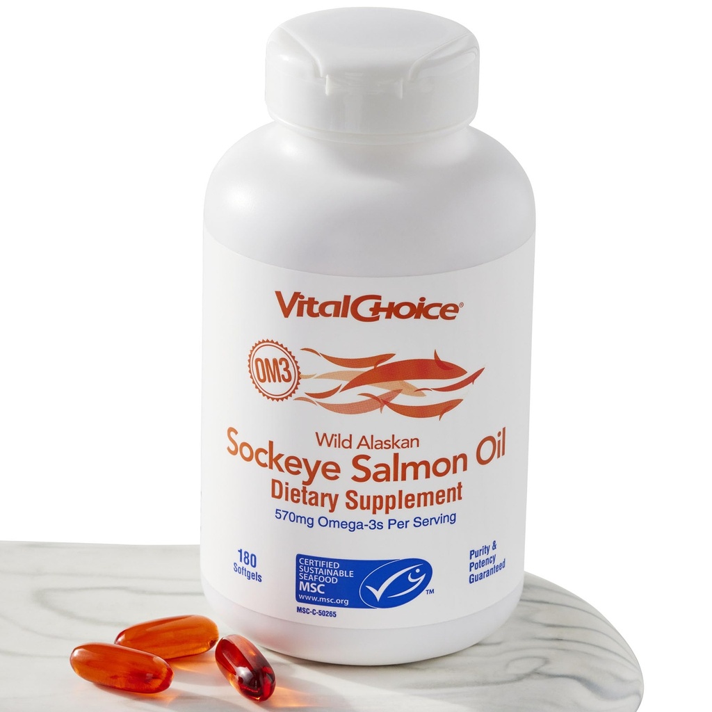 Vital Choice MSC Wild Alaskan Sockeye Salmon Oil Dietary Supplement, 180 Softgels