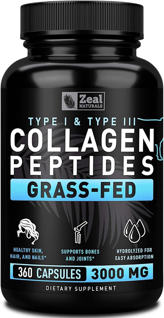 Zeal Naturals Collagen Peptides Collagen Pills (360 Capsules) Poudre de Pépétide de Collagène herbeux - Poudre de Collagène hydrolysée pour Supplément de Tendon articulaire