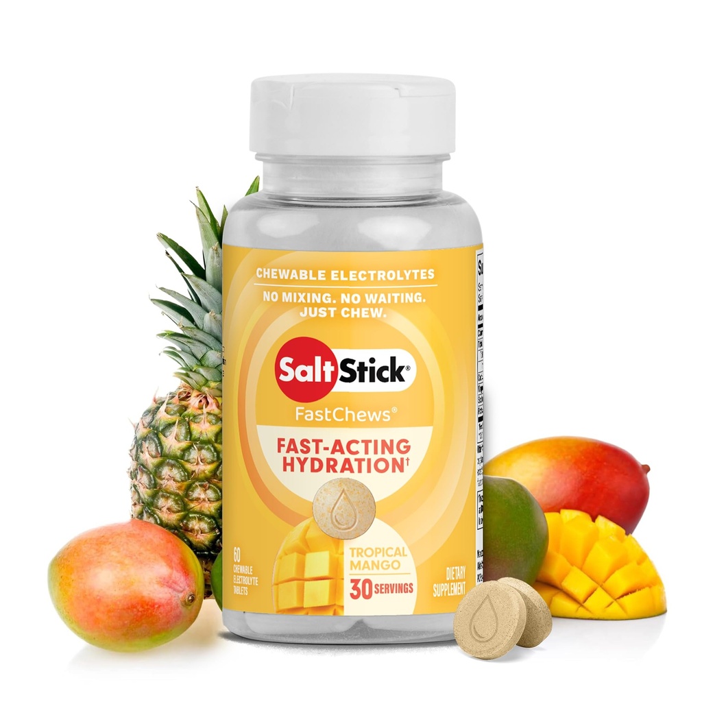SaltStick Electrolyte FastChews - 60 Electrolytes à mango Tropical - Comprimés de sel pour la course et l'hydratation, Electrolyte Chews - 60 Compte