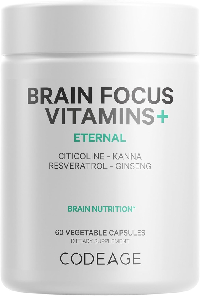 Codeage Cerveau Focus Vitamines+ Supplément Nootropique avec Citicoline comme Cognizin, Panax Ginseng, Resvératrol, Gotu Kola, Vitamine B12 Méthylcobalamine - Livraison Liposomique - Non-OGM - 60 Capsules