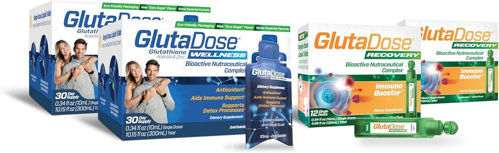GlutaDose Ultimate Immune Boost & Daily Detox Bundle, Cold & Flu Recovery, Immune & Energy Support, Glutathion, Astragalus, Echinacea, Acerola (1 000 mg Blend), Sélénium, Zinc, Suppléments liquides