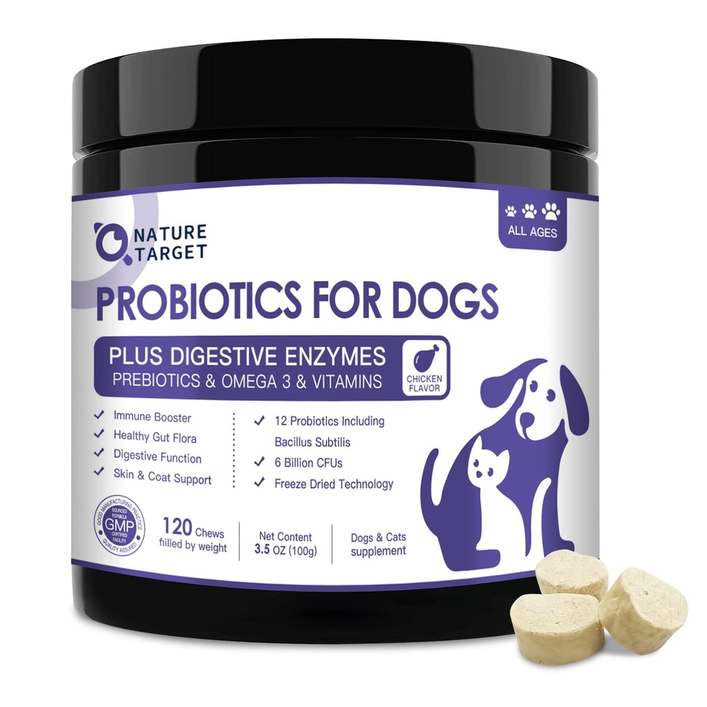 NATURE TARGET Probiotiques pour chiens, 6 milliards de gel de chien séché Probiotiques avec prébiotiques et enzymes, vitamines, oméga 3, pour la santé digestive et gustative, soulagement des démangeaisons, réduire la diarrhée, 120 bits