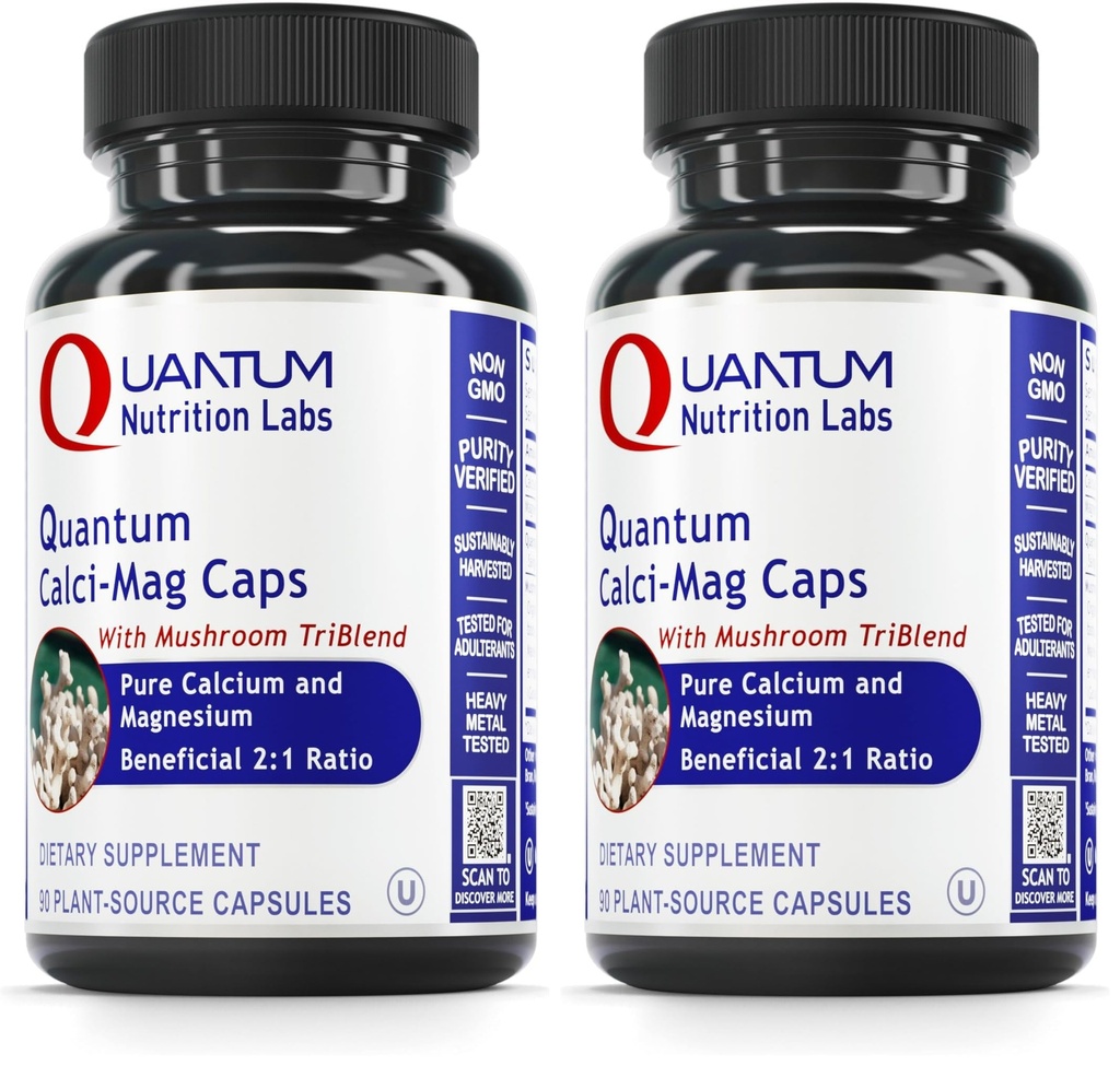 Quantum Nutrition Labs Calci-Mag Caps - Calcium Magnesium Supplement, Calcium Supplement, Pure Magnesium & Mushroom Complex with Reishi & Lions Mane - 90 Vegetarian Capsules (Pack of 2)
