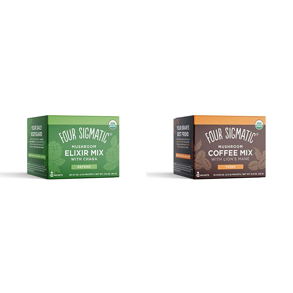 Four Sigmatic Chaga Mushroom Elixir, Organic Chaga Mushroom Powder, Pack of 20 & Mashroom Instant Coffee, Organic and Fair Trade Instant Coffee with Lions Mane, 10 Count
