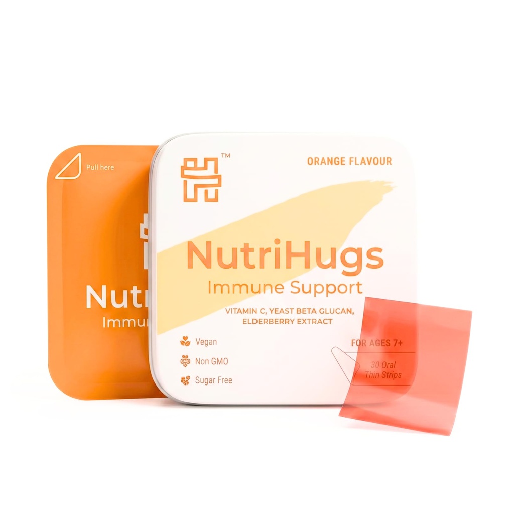 NutriHugs Immune Support Strips - Vitamin C, Elderberry and Beta Glucan - Fast-Dissolving Oral Thin Film Strips - Sugar-Free, Vegan, Non-GMO - Doctor-Formulated - 30 Count