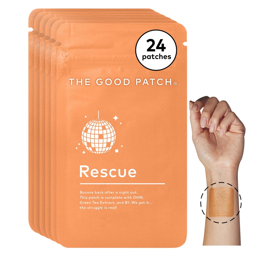 The Good Patch Rescue Recovery Patch, Natural Patch with DHM, Vitamin B1, and Green Tea, Plant-Powered Wearable Wellness, Support After a Night Out (24 Total Patches)