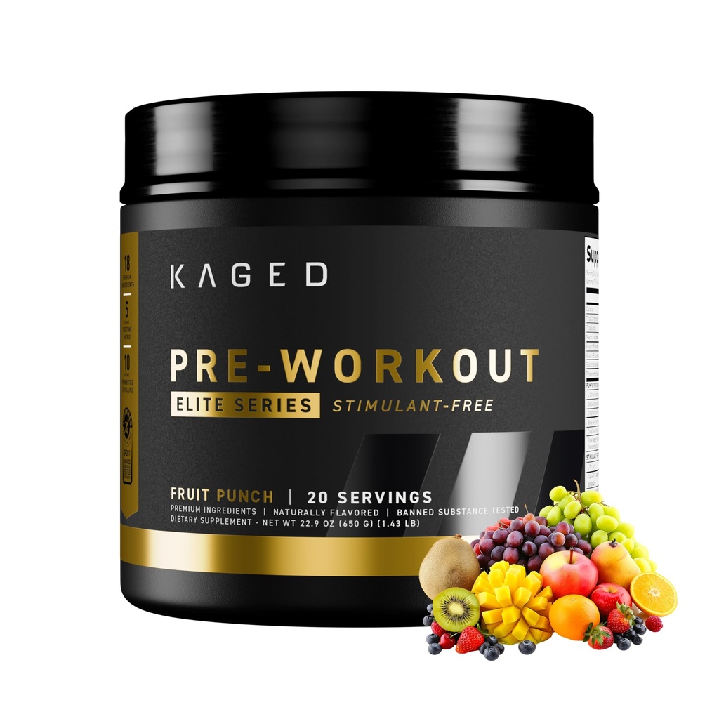 Kaged Pre Workout Elite Stim Free Powder | Fruit Punch | Creatine, Beta Alanine, L-Citrulline | No Caffeine | 20 Servings