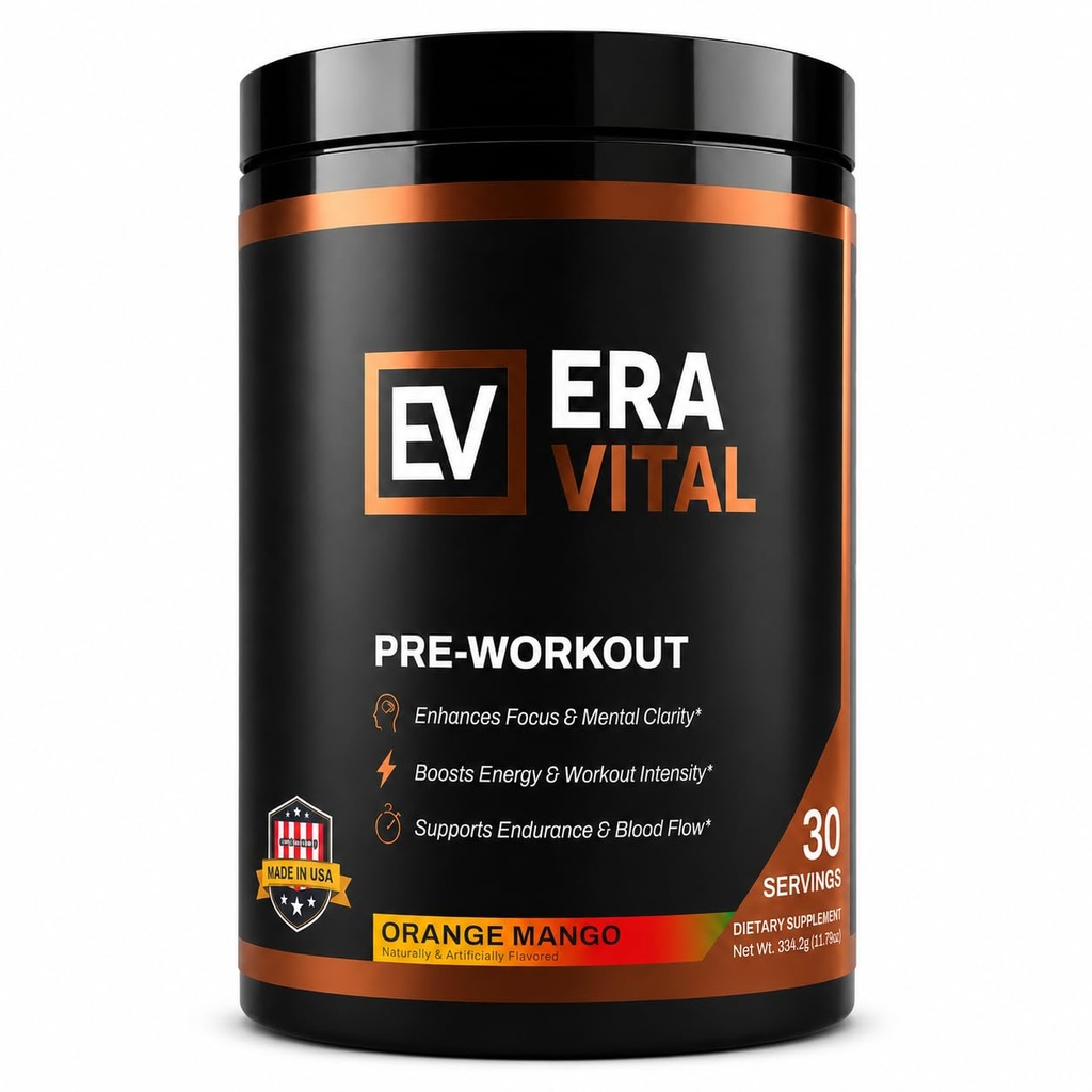 ERA Vital Pre Workout Powder Boosts Energy & Workout Intensity, Enhances Focus & Mental Clarity with L-Citrulline, Alpha GPC & L-Tyrosine | Orange Mango Flavour | 30 Servings