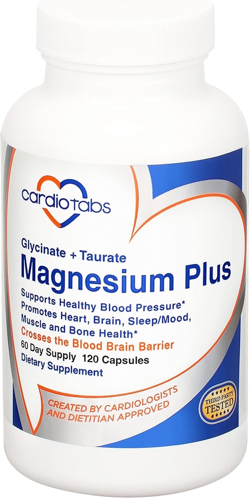 Magnésium Plus – 200 mg de Glycinat de magnésium et Taurat de magnésium pour la pression artérielle, le cœur, le cerveau, le sommeil et l'humeur – Très concentré et bien absorbé - 120 capsules