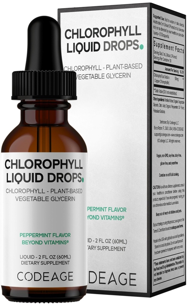 Codeage Chlorophyll Liquid Drops Supplement - Vegan Chlorophyll 50 mg per Serving, Organic Peppermint Flavor Clorofila Drink - Non-GMO, Gluten-Free, Vegan - 2 fl oz