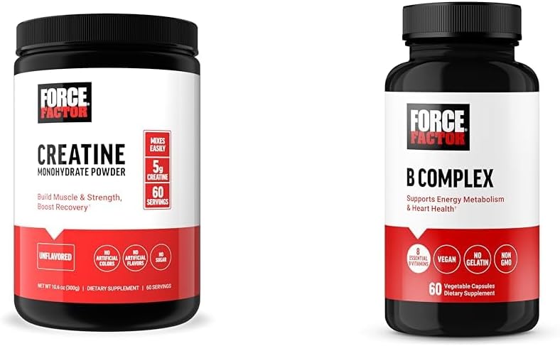 Facteur de force Poudre de créatine 60 portions et complexe de vitamine B 60 capsules pour le gain musculaire, la force, l'énergie et une récupération plus rapide
