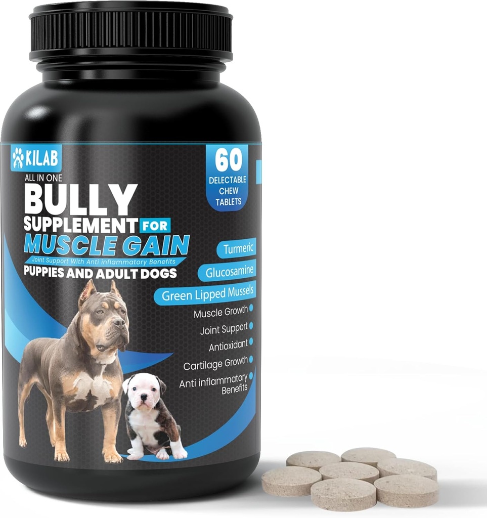 Kilab Dog Weight Gainer – Supplément de croissance musculaire pour chiens, chiots et adultes – Formule de croissance Bully avec des moules au curcuma, à la glucosamine et au lip vert