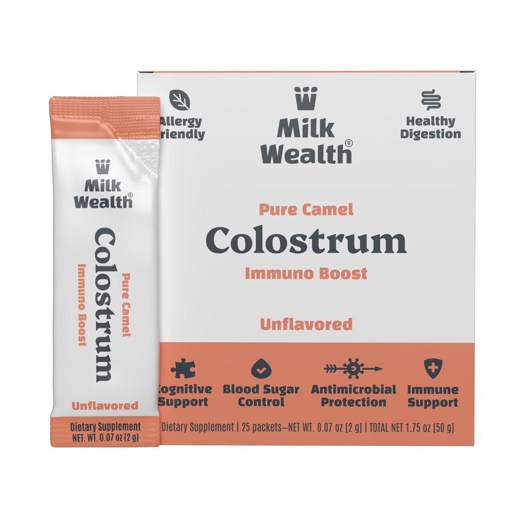 Milk Wealth™ Camel Colostrum Powder 50g | Immune Support Supplement | Gut Health | Unflavored | No Additives | 25 Single-Serve Packets (2g Each)