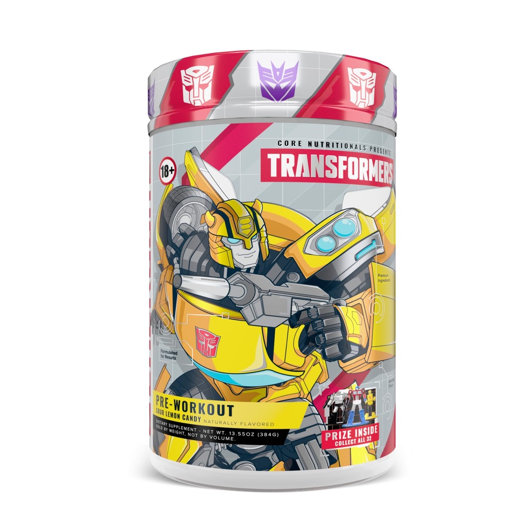 Core Nutritionals Transformers Energon Pre Workout | 300mg Paraxanthine | No Crash Energy & Focus | Free Prize Inside - Bumblebee | 20 Servings (Sour Lemon Candy)