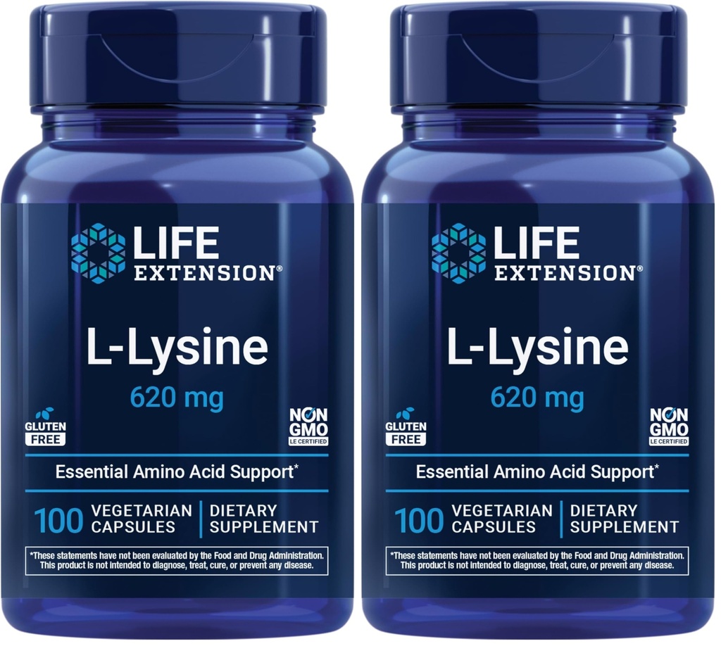 Life Extension L-Lysine,620 mg,Essential Amino Acid for Healthy nitrogen Balance,Calcium Metabolism,Stress Response & More,Gluten-Free,Non-GMO,Vegetarian,100 Capsules,(Pack of 2)