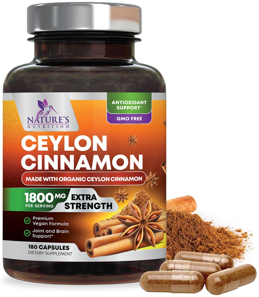 Supplément de cannelle biologique Ceylan 1800mg - Pilules de cannelle biologique certifiées Ceylan - Soutien énergétique et cardiaque pour les femmes et les hommes, mis en bouteille aux États-Unis, antioxydant, sans gluten, sans OGM - 180 capsules