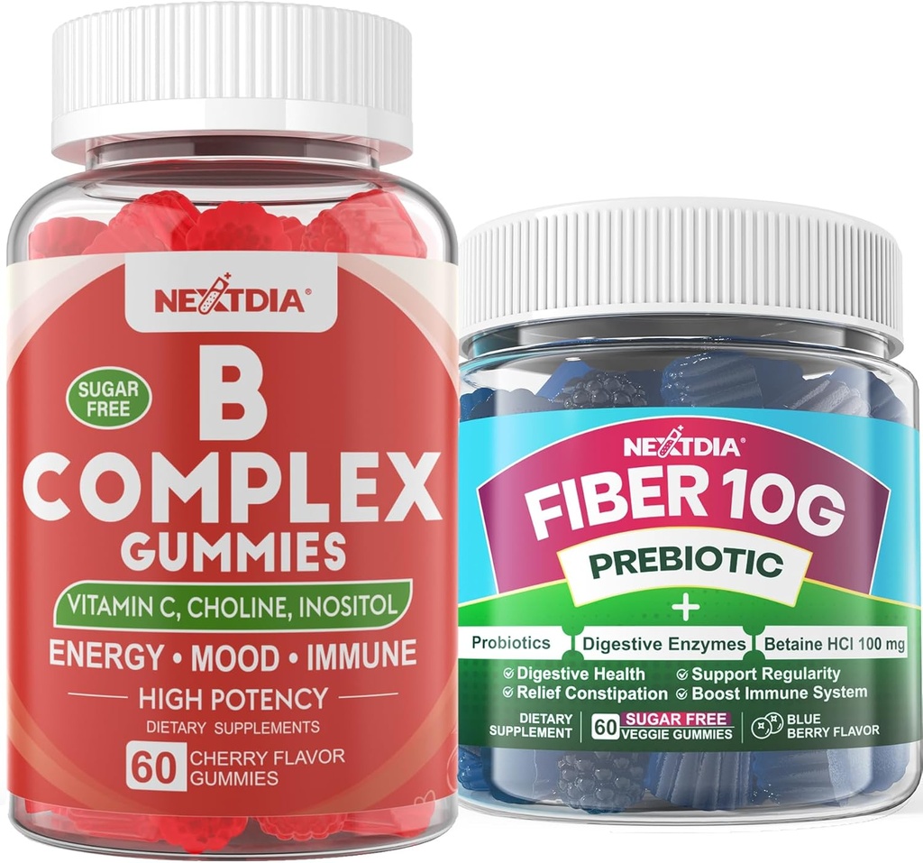 2 Pack Complexe de vitamine B méthylée + 1 Pack sans sucre 10g Supplément de fibre prébiotique, Gommies pour adultes
