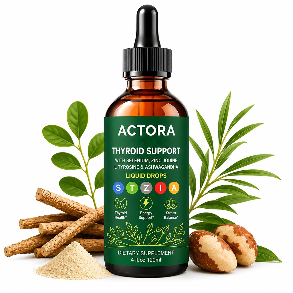 Actora Thyroid Support Drops with Iodine Selenium Zinc Ashwagandha (1) | Contains iodine, selenium, zinc, L-tyrosine and ashwagandha in liquid drop form for daily nutritional support and use