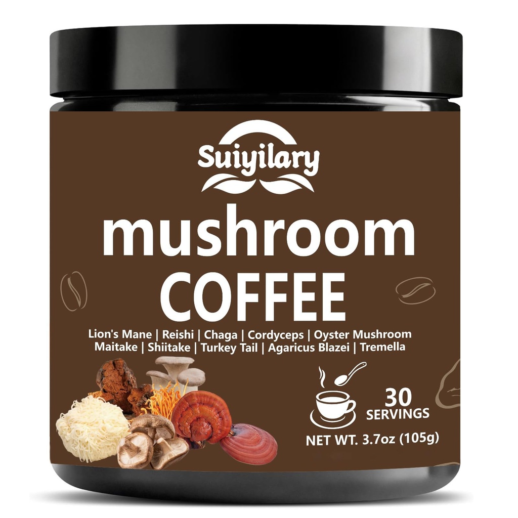 Suiyilary 10 Mushroom Coffee with Arabica w, Lion's Mane, Reishi, Mushroom Polysaccharides & More, Instant Mushrooms Powder for Focus, Immunity Boost, Memory & Clarity By Savoy Impex - 30 Servings