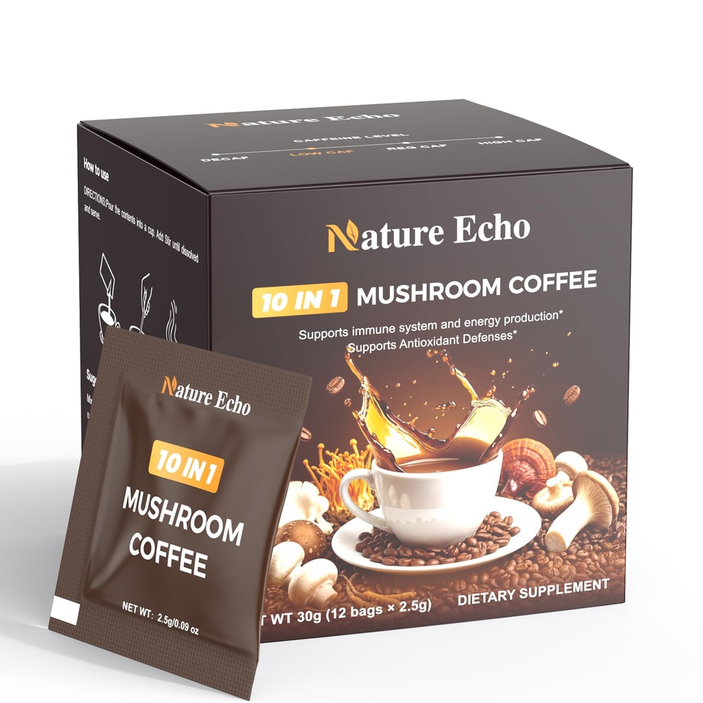 Nature Echo 10 in 1 Mushroom Coffee with Ashwagandha, Adaptogenic 10 Mushrooms with Lion’s Mane, Reishi, Cordyceps & More, Low Caffeine Instant Coffee Powder for Focus, Energy, Immune & Gut Support - Sugar Free (12 Sachets)