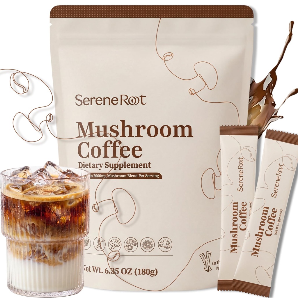 Mushroom Coffee, Instant Mushroom Coffee with 6 Adaptogenic Mushrooms and MCT Oil for Better Energy, Focus, Digestion & Immune Support,No Earthy Aftertaste, Smooth Dissolution, 30 Servings