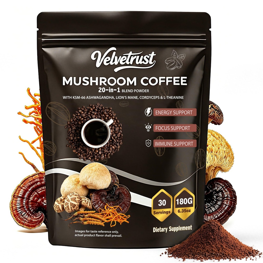 Velvetrust Mushroom Coffee, 16 Mushrooms (Lion’s Mane, Cordyceps, Turkey Tail & More) Mixed With Medium Roast Gourmet Arabica Instant Coffee for Focus, Energy, Digestion & Immune Support, 30 Servings