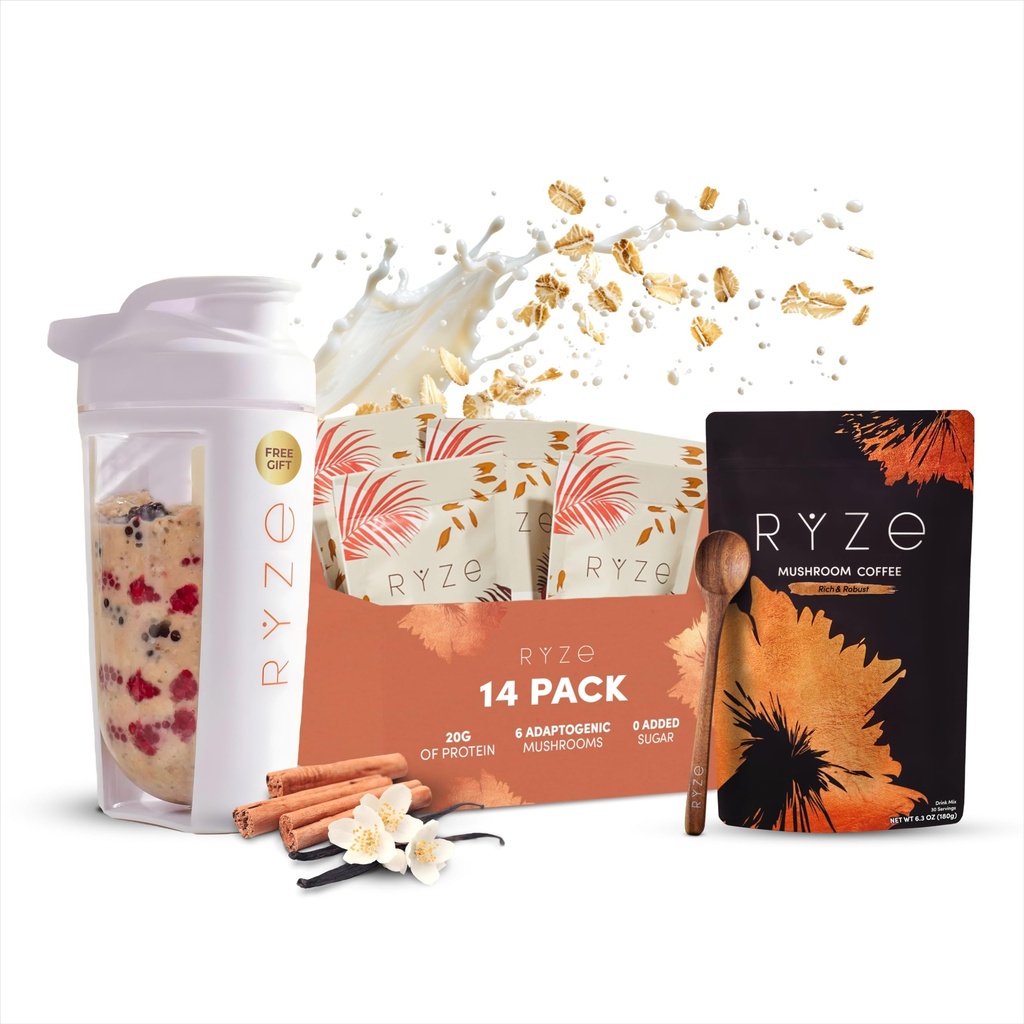 RYZE SUPERFOODS Mushroom Dark Roast Coffee (30 Servings) + Mushroom Overnight Oats (14 Servings), USDA Organic with 6 Adaptogenic Mushrooms