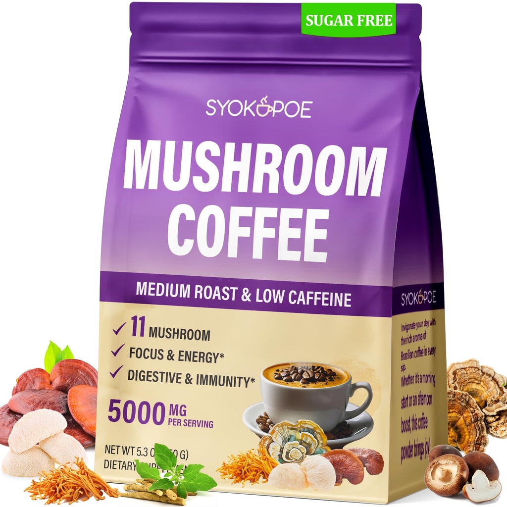 Mushroom Coffee Organic, 11 Mushrooms + 8 Adaptogenic Herb Mushroom Coffee for Focus, Energy, Digestion & Immune Support| Cordyceps, Lion’s Mane, Reishi, Chaga & Ashwagandha| Gluten Free, 30 Servings