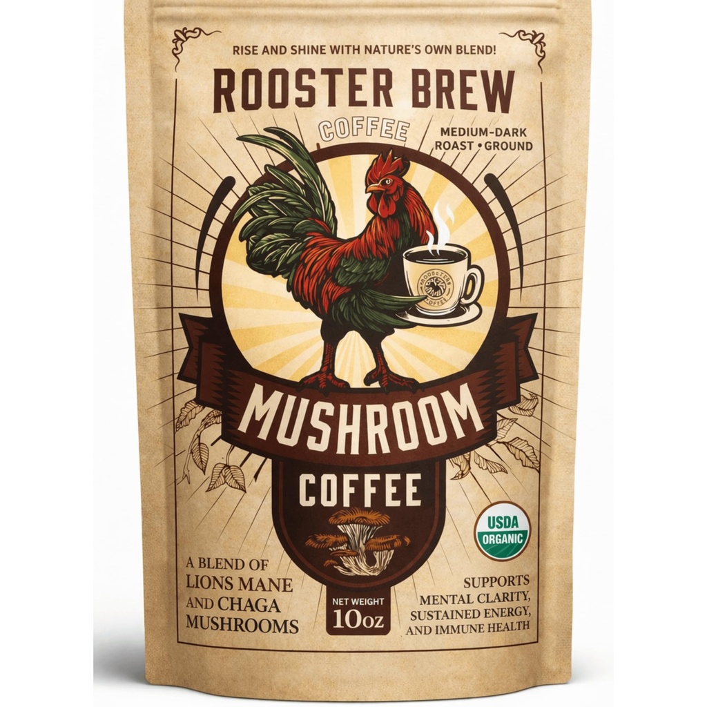 Premium Coffee + Focus & Energy with 1200mg Lion’s Mane & Chaga, Organic Mushroom Coffee (Not Instant), Organic Medium Roast Ground Arabica, Low Caffeine & Low Acid, 10oz – Rooster Brew