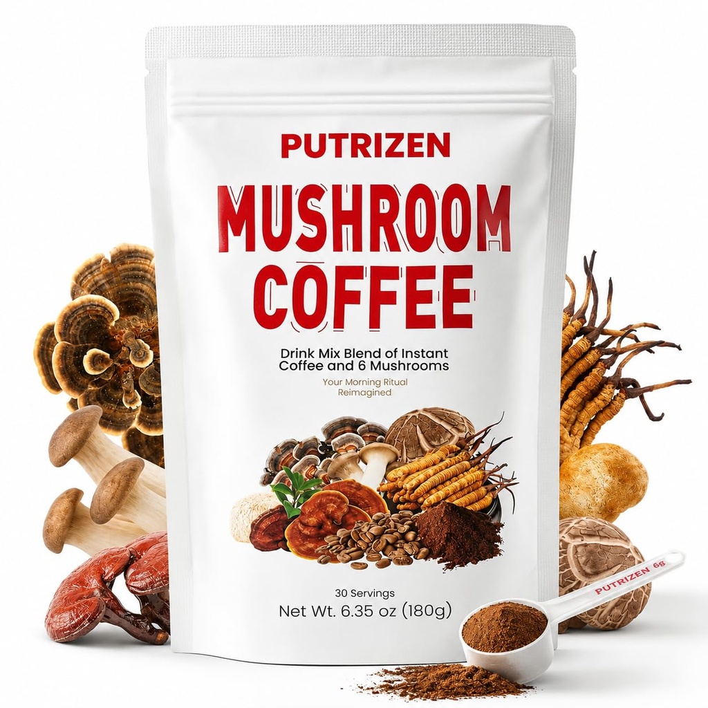 PUTRIZEN HerbalWell Mushroom Coffee Blend : 2500mg 6 Functional Mushrooms in 1- Instant Mushroom Coffee Powder Low-Caffeine Coffee Alternative for Focus Digestion & Morning Energy 30 Servings