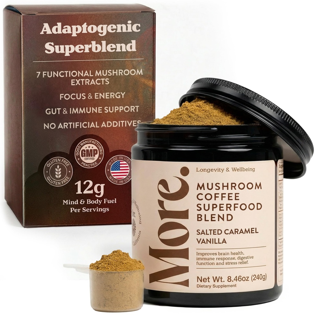 More. Longevity & Wellbeing Premium Mushroom Coffee Superfood – 7 Functional Mushrooms Extracts with Lions Mane Supplement, Reishi, Chaga & Ashwagandha Extract, Instant Coffee Alternative with Prebiotics and Essential Vitamins for Focus & Energy, Salted Caramel