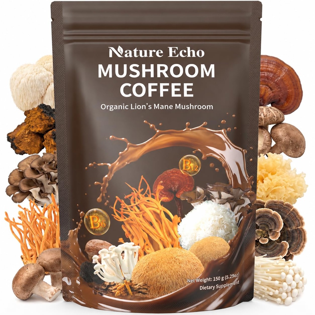 Nature Echo 15-in-1 Mushroom Coffee Powder - 2000mg Blend with Organic Lion’s Mane, Ashwagandha & L-Theanine - Supports Focus, Clarity & Calm Energy - Vegan Coffee Alternative, 30 Servings