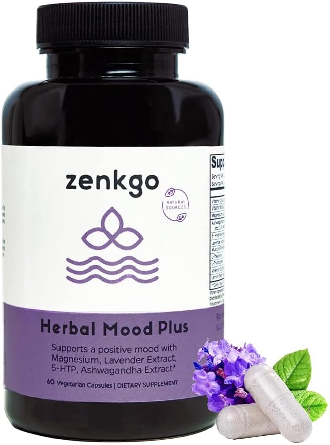Zenkgo Ashwagandha, 5-HTP, Lavande, Mucuna, L-tryptophane - Supplément de soutien de l'humeur, base végétale, Mood Herbal Plus aide à calmer l'esprit et le stress, l'émotion Blalance, la positivité (60Ct/30Day)