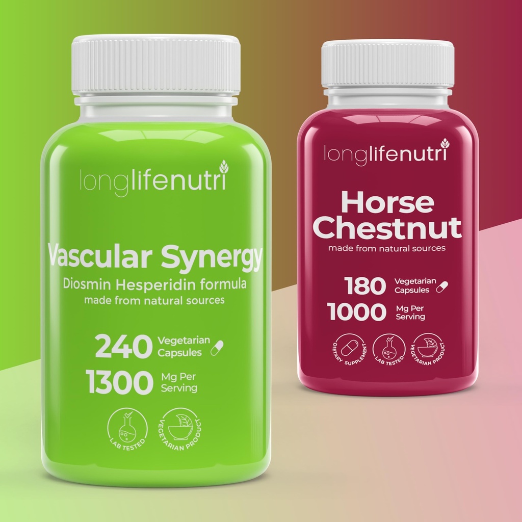 LongLifeNutri Vascular Synergy 1300 mg + Horse Chestnut 500 mg Bundle — 240 + 180 Veg Capsules, Up to 4-Month Supply, Advanced Circulation & Vein Comfort Support, Lab-Tested, Made in USA