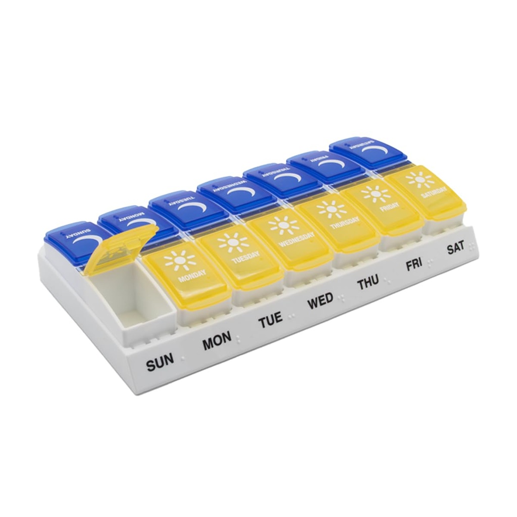 EZY DOSE Weekly (7 jours) Organisateur de pilules AM/PM, contenant quotidien de vitamines et boîte de médicaments, grands compartiments à débordement, conçus pour les voyages, 2 fois par jour, lys bleus et jaunes