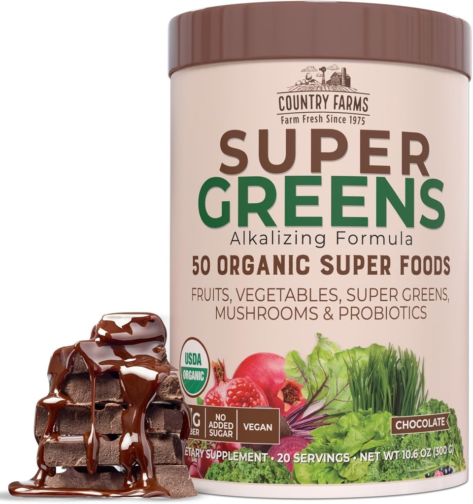 CARACTÉRISTIQUES DE PAYS Bio Super Greens Saveur de chocolat, 50 Super aliments biologiques, USDA Mélange de boisson biologique, emballé avec fibre, fruits, légumes, champignons et probiotiques, soutient l'énergie, 7g Fibre