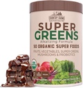 CARACTÉRISTIQUES DE PAYS Bio Super Greens Saveur de chocolat, 50 Super aliments biologiques, USDA Mélange de boisson biologique, emballé avec fibre, fruits, légumes, champignons et probiotiques, soutient l'énergie, 7g Fibre