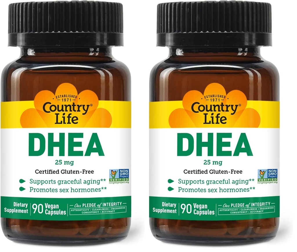 Country Life DHEA 25mg, 90 Vegan Capsules, Certified Gluten Free, Certified Vegan, Non-GMO Verified, (Pack of 2)